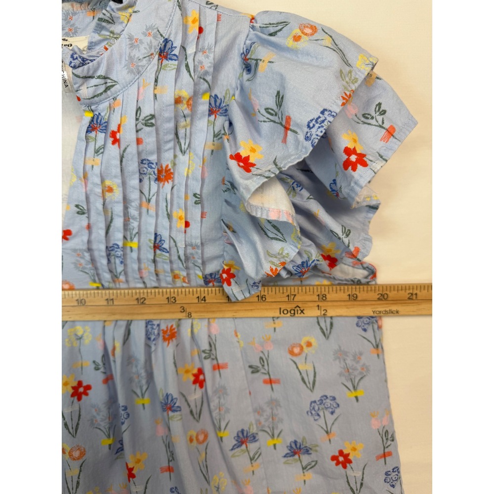 Entro Floral Flutter Sleeve Blouse Women Medium Blue Pintuck Pleated Cotton Top - Picture 7 of 8
